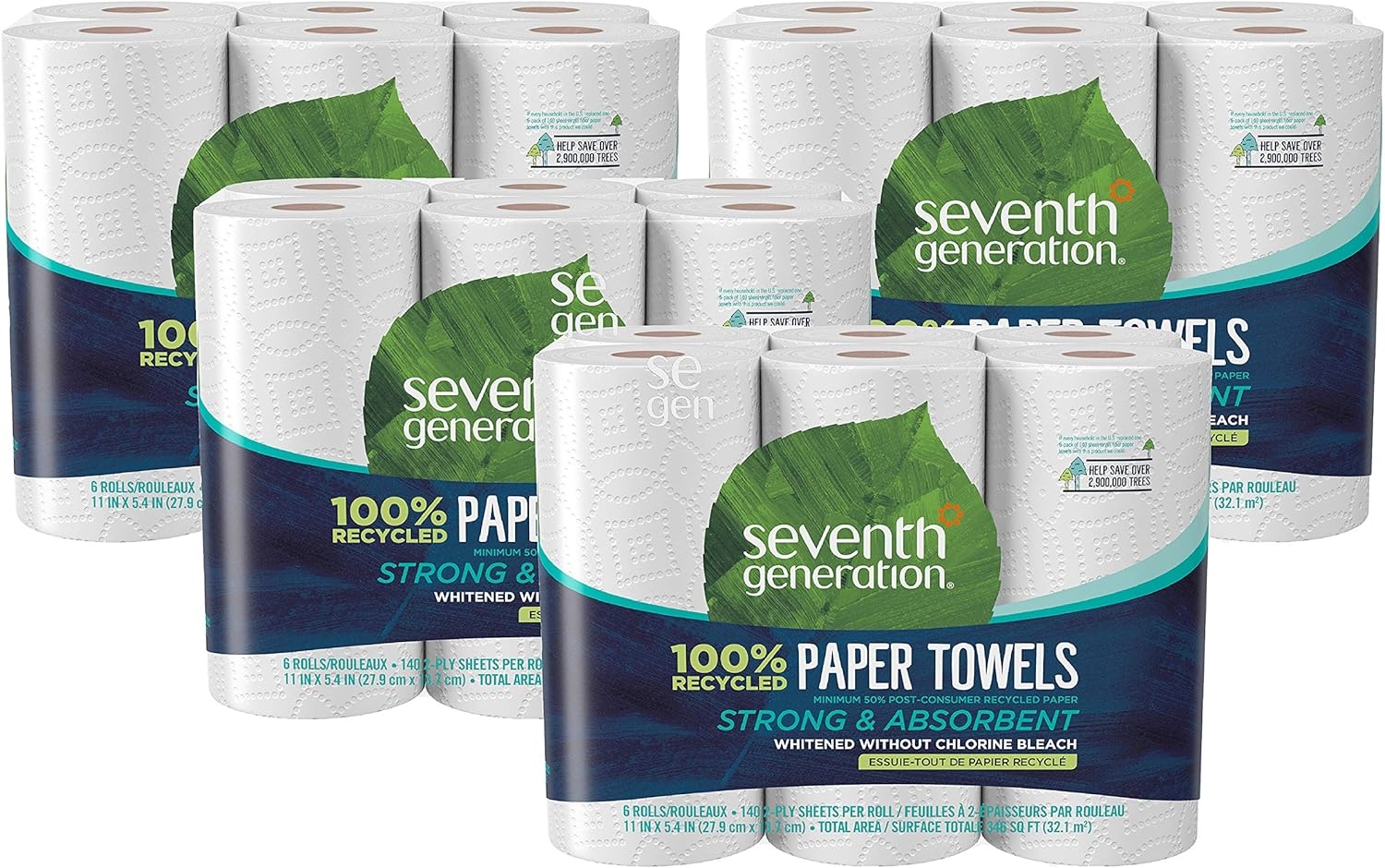 Seventh Generation Paper Towels, 100% Recycled Paper, 2-ply, 6-Count (Pack of 4)