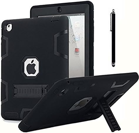 iPad 2 Case,iPad 3 Case,iPad 4 Case,AICase Kickstand Shockproof Heavy Duty Rubber High Impact Resistant Rugged Hybrid Three Layer Armor Protective Case with Stylus for iPad 2/3/4 (Black)