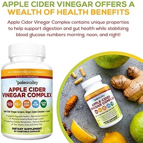 Paleovalley: Apple Cider Vinegar Complex - Nutritional Supplement with Turmeric, Ginger, Ceylon Cinnamon and Lemon - 84 Capsules - Helps Stabilize Blood Sugar - Supports Protein Absorption