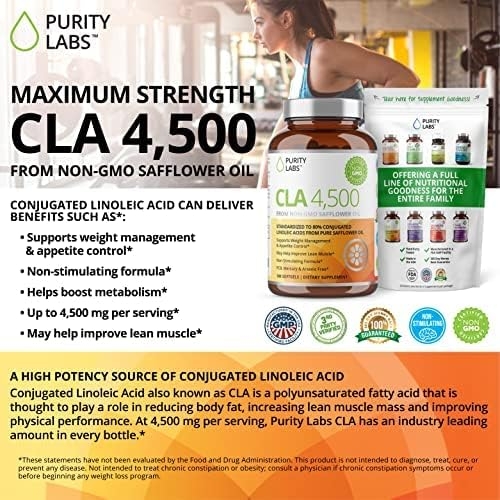 Purity Labs CLA 4,500MG Safflower Oil Number One Weight Loss Fat Burner Supplement 180 Softgels Non-GMO & Gluten Free Conjugated Linoleic Acid Pills Belly Fat Burner
