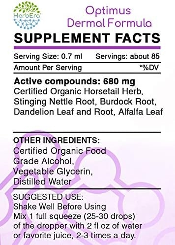 Optimus Dermal Formula A60 Alcohol Extract Tincture, Organic: Horsetail Herb, Stinging Nettle Root, Burdock Root, Dandelion Leaf and Root, Alfalfa Leaf. Nails, Skin and Hair Care 2 Fl Oz