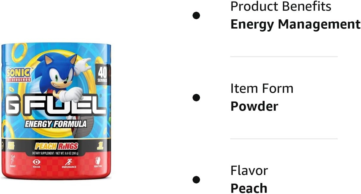 G Fuel Sonic's Peach Rings Candy Flavored Game Changing Elite Energy Powder, Sharpens Mental Focus and Cognitive Function, Zero Sugar, Supports Immunity and Enhances Mood 9.8 oz (40 Servings)
