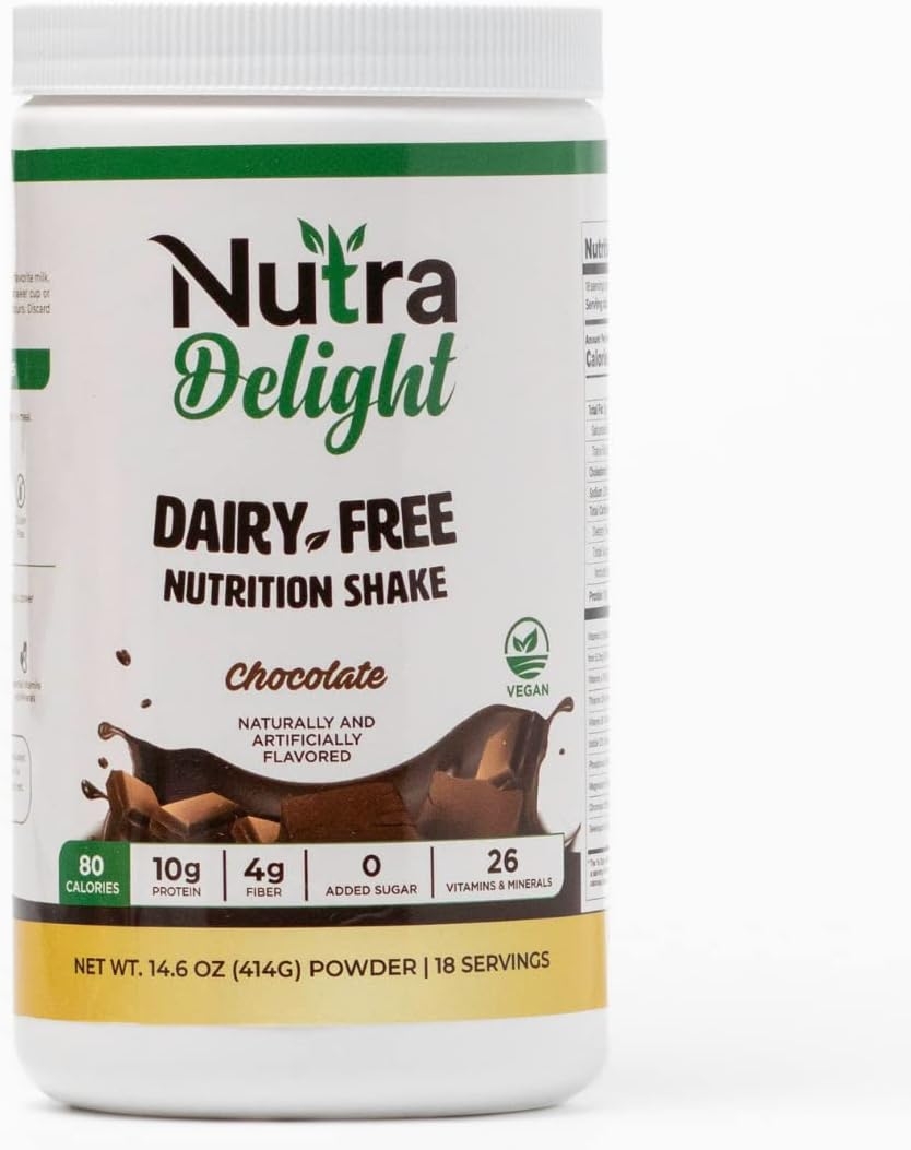 Nutra Delight Dairy Free Nutrition Shake Powder, Chocolate - Vegan, Vegetarian, Soy Free, Lactose Free, Low Net Carbs, Gluten Free, 26 Vitamins and Minerals - No Sugar Added | 18 Servings, 14.6oz