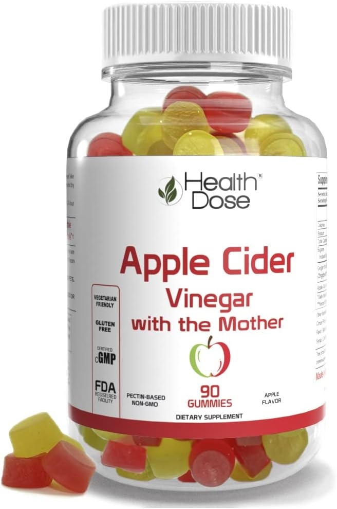 Apple Cider Vinegar Gummy with the Mother by Health Dose 90 Gummies. Energy, Nutrition, Detox and Cleanse, for Women & Men, With Ginger Dry Extract to Support Digestion - Gut, Vegan, Gluten-Free.
