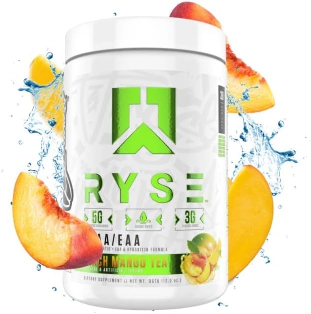 Ryse BCAA + EAA | Ryse Up Supplements | Fuel Your Greatness | Hydration, Recovery, Branch Chain and Essential Amino Acids, 30 Servings (Peach Mango Tea)