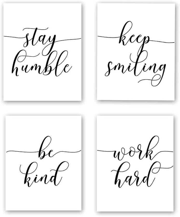 HPNIUB Unframed Inspirational Quote Art Painting,Work Hard,Be Kind,Stay Humble,Keep Smiling Art Print Set of 4 (8”X10” Motivational Phrases Wall Art for Office or Living Room Home Wall Decor