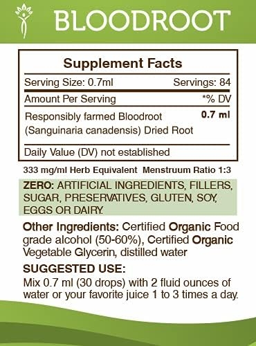 Bloodroot Alcohol Tincture Extract, Responsibly farmed Bloodroot (Sanguinaria Canadensis) Dried Root Tincture Supplement (2 fl oz)