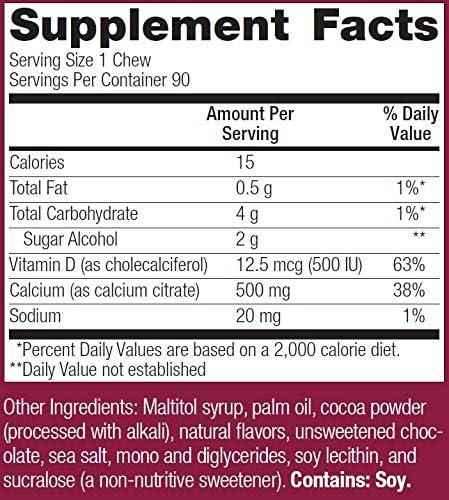Bariatric Advantage - Calcium Citrate Chewy Bites 500mg Chocolate Flavor for Bariatric Surgery Patients Including Gastric Bypass and Sleeve Gastrectomy, Sugar Free, 90ct