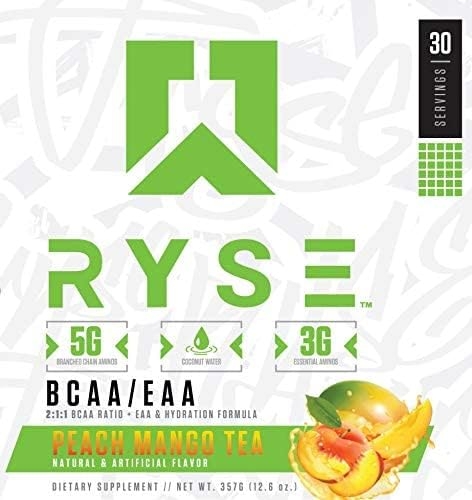 Ryse BCAA + EAA | Ryse Up Supplements | Fuel Your Greatness | Hydration, Recovery, Branch Chain and Essential Amino Acids, 30 Servings (Peach Mango Tea)