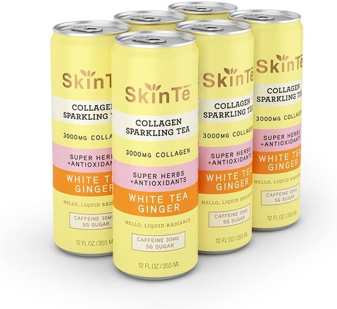 Collagen Sparkling Tea by SKINTE | Organic White Tea with Ginger | 12 oz (Pack of 6) | Antioxidants and Vitamin C | 3000mg Collagen Peptides | Benefits Skin, Mood and Immunity | Zero Added Sugar