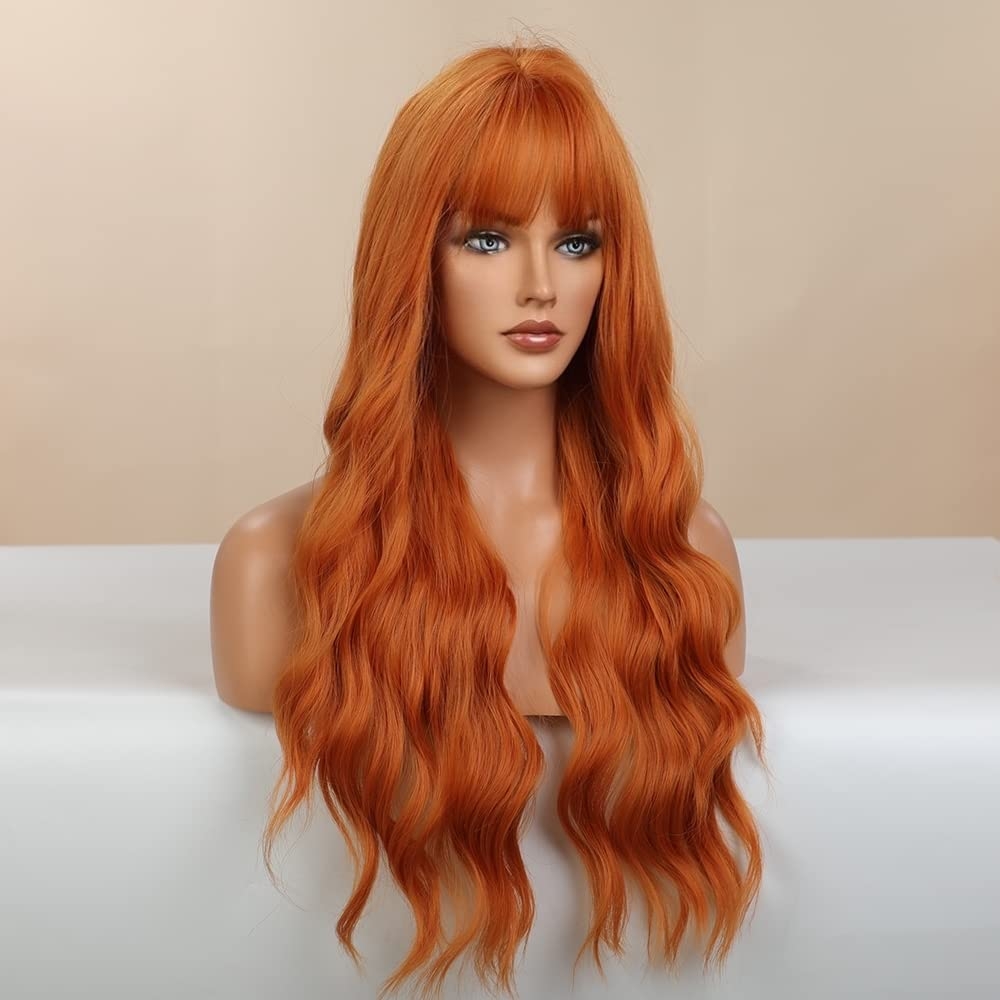 LANOVA Ombre 613 Wig with Bangs, Brown Ombre Platinum Blonde Synthetic Hair Full Wig, Glueless Wavy Wigs for Women, 22 inch Long Natural Wig LANOVA-185