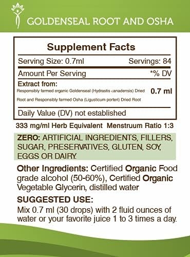 Goldenseal Root and OSHA Tincture Alcohol Extract, Responsibly farmed Organic Goldenseal (Hydrastis сanadensis) Dried Root and Responsibly farmed OSHA (Ligusticum porteri) Dried Root (2 FL OZ)