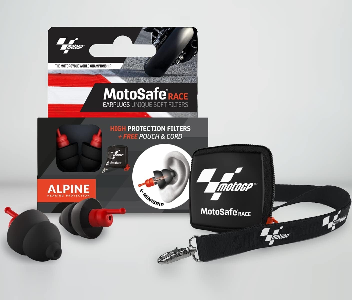 Alpine MotoSafe Race [Official MotoGP Edition] - Motorcycle Reusable Earplugs for Wind Noise Reduction - Ultra Soft Comfortable Filter Hearing Protection for Motor Racing, Touring & Riding, 1 Pair