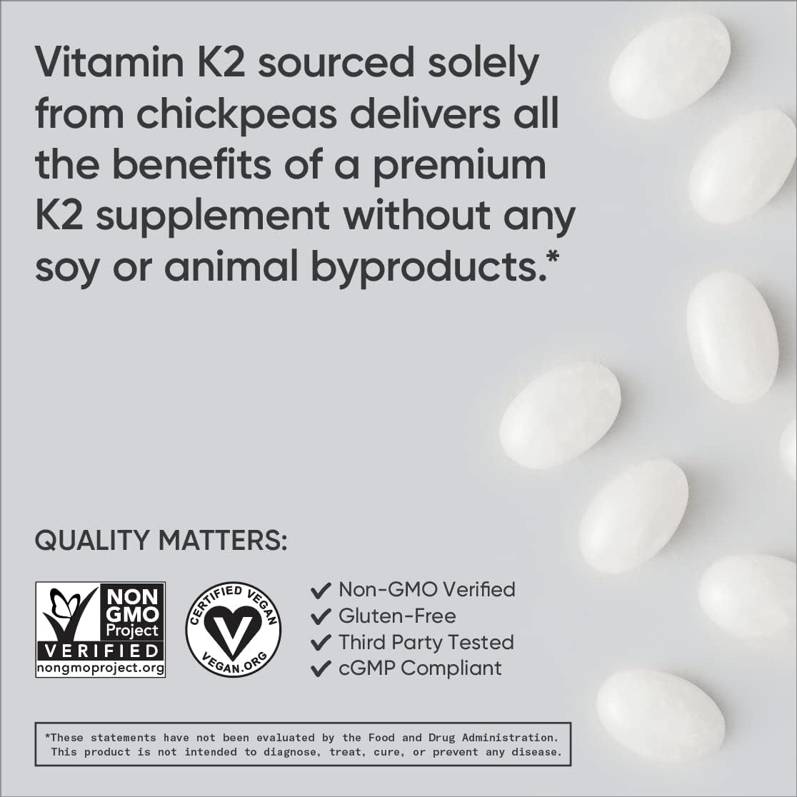 Vitamin K2 as MK7 with Organic Coconut Oil | Vitamin K Supplement Made with MenaQ7 from Fermented Chickpea | Non-GMO Verified, Vegan Certified (60 Veggie-Softgels)