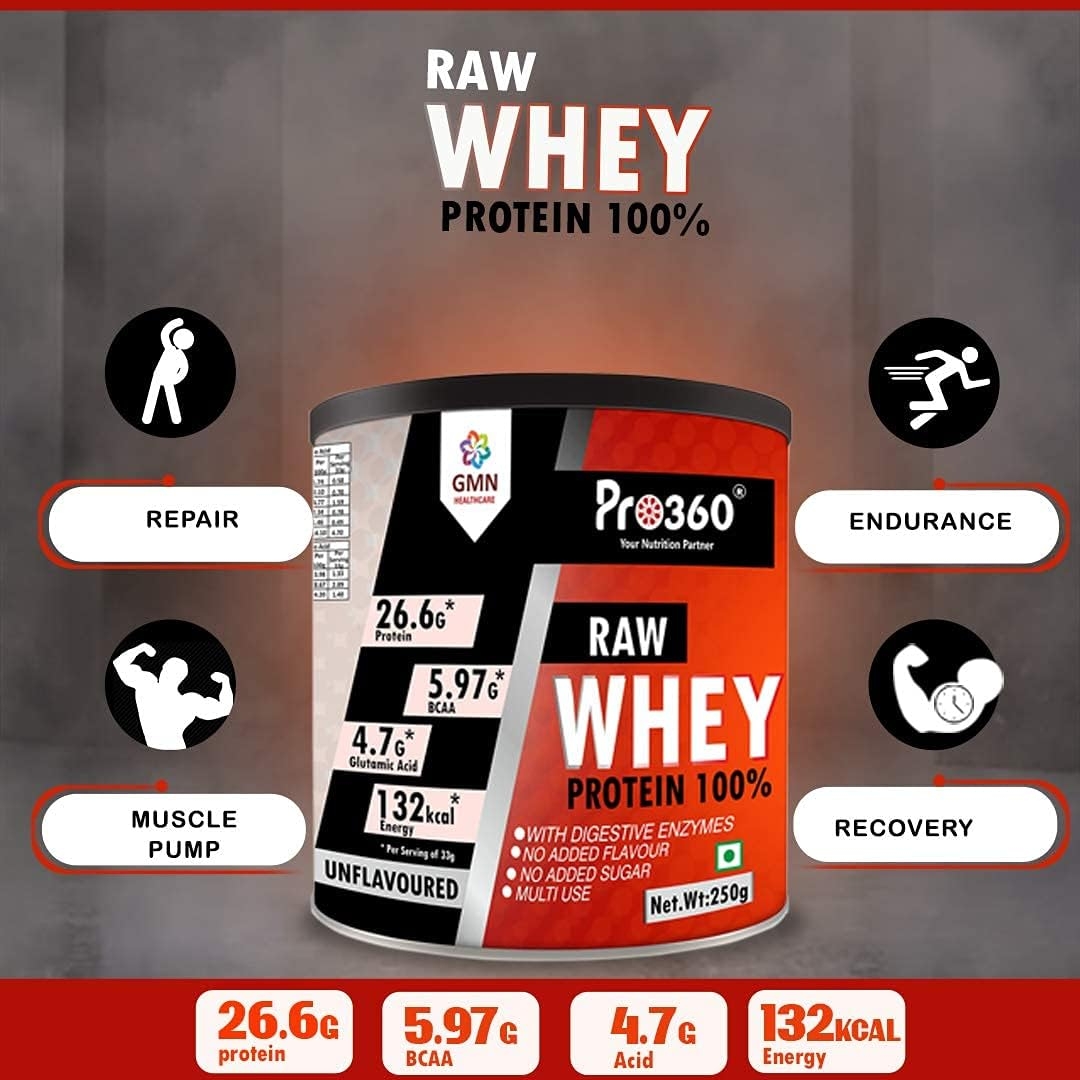Spare Pro360 RAW WHEY Protein 100% - UNFLAVORED - 250gm (100% Whey with Digestive Enzymes, 26.6g Protein, 5.97g BCAA, 4.7g Glutamic Acid per Serving)