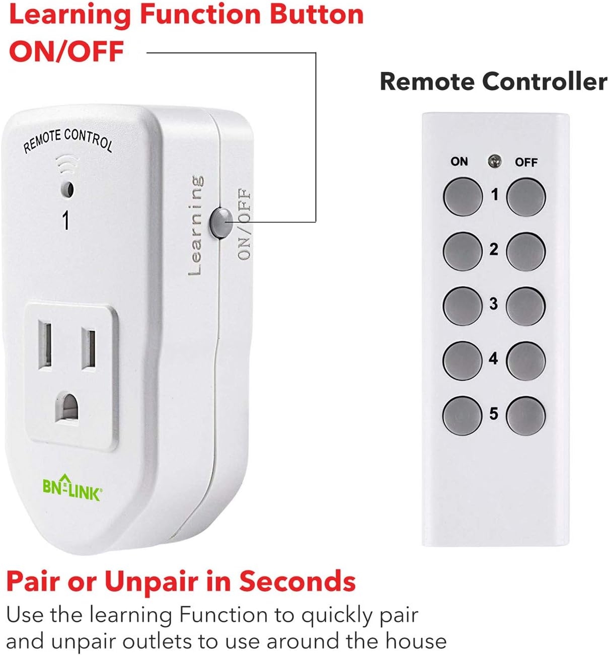 BN-LINK ES1513-5-2 Wireless Remote Control Outlet with Extra Long Range (5 Pack)