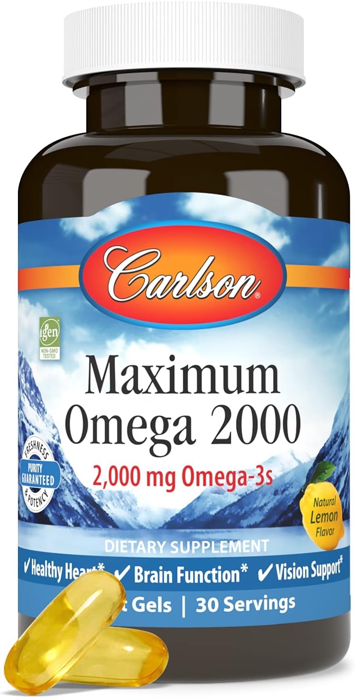 Carlson - Maximum Omega 2000 Grab + Go Packs, 2000 mg Omega-3s, Wild-Caught, Norwegian Fish Oil Supplement, Sustainably Sourced Fish Oil Capsules, Lemon, 30 Softgel Pack