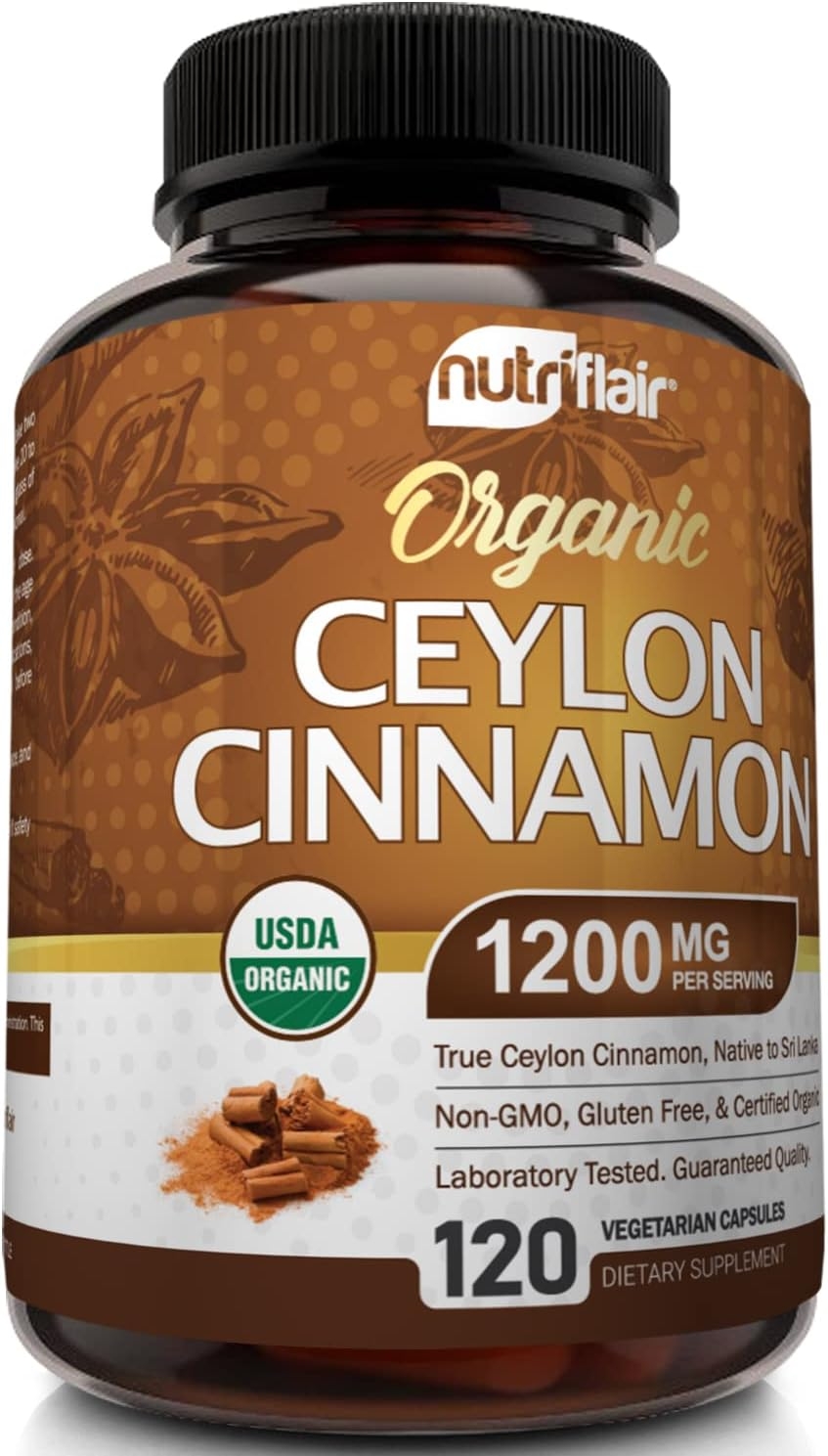 NutriFlair Organic Ceylon Cinnamon (100% Certified Organic Ceylon Cinnamon) 1200mg per Serving, 120 Capsules - Joints, Inflammatory, Antioxidant, Glucose Metabolism Support- True Sri Lanka Cinnamon