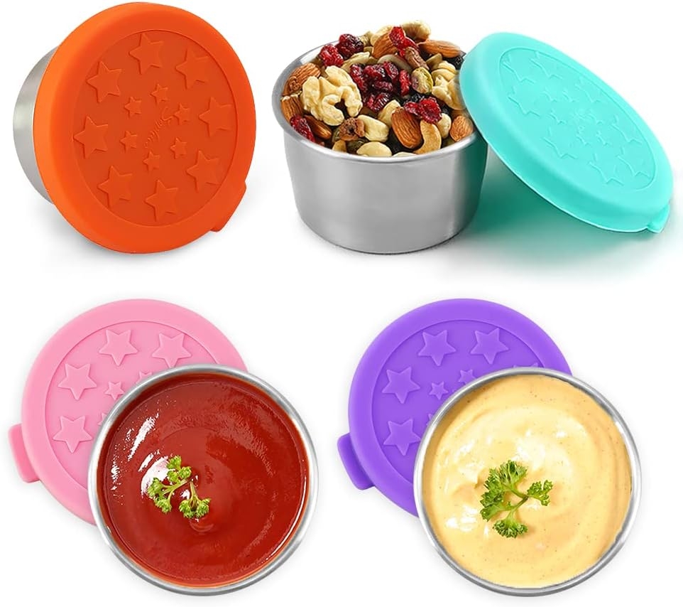 Sophico Salad Dressing Containers To Go, Small Condiment Containers with Leakproof Silicone Lids, 1.5oz Kids Sauce Dipping Cups Stainless Steel Mini Dips Food Storage for Lunch Box Picnic Travel (4 Color, 4 Pack)