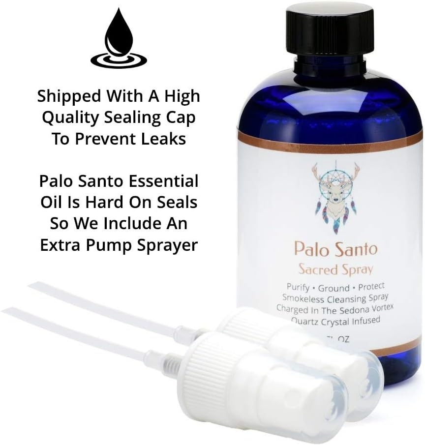 Palo Santo Smudge Spray for Cleansing and Clearing Energy (4 Ounce) Liquid Blend Alternative to Incense, Sticks, Wood Or Candles, Handmade in The USA with Pure Essential Oils and Real Quartz Crystals