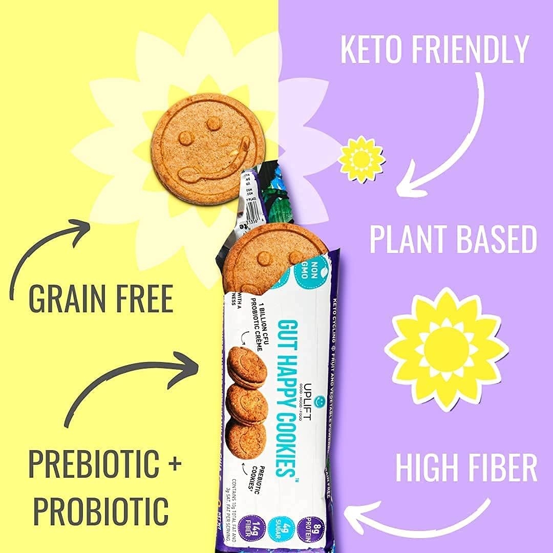 Uplift Food Gut Happy Cookies - Probiotic & Prebiotic Fiber Supplement Snack, Gut Health & Digestive Health, Vegan, 100% Plant Based & Grain Free - Almond Butter, 1.41 Ounce (Pack of 6)