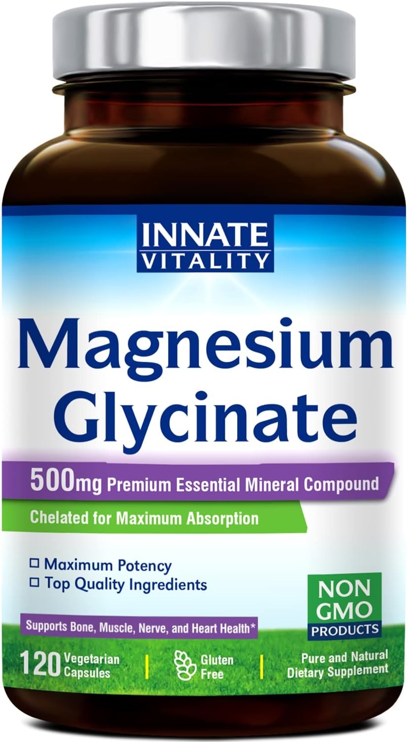 Magnesium Glycinate 500mg per Caps, 120 Veggie Caps, Chelated for Maximum Absorption, Non-GMO, NO Gluten Dairy & Soy, Supports Muscle, Joint, and Heart Health