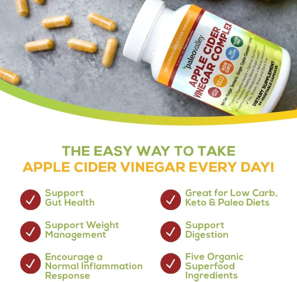 Paleovalley: Apple Cider Vinegar Complex - Nutritional Supplement with Turmeric, Ginger, Ceylon Cinnamon and Lemon - 84 Capsules - Helps Stabilize Blood Sugar - Supports Protein Absorption