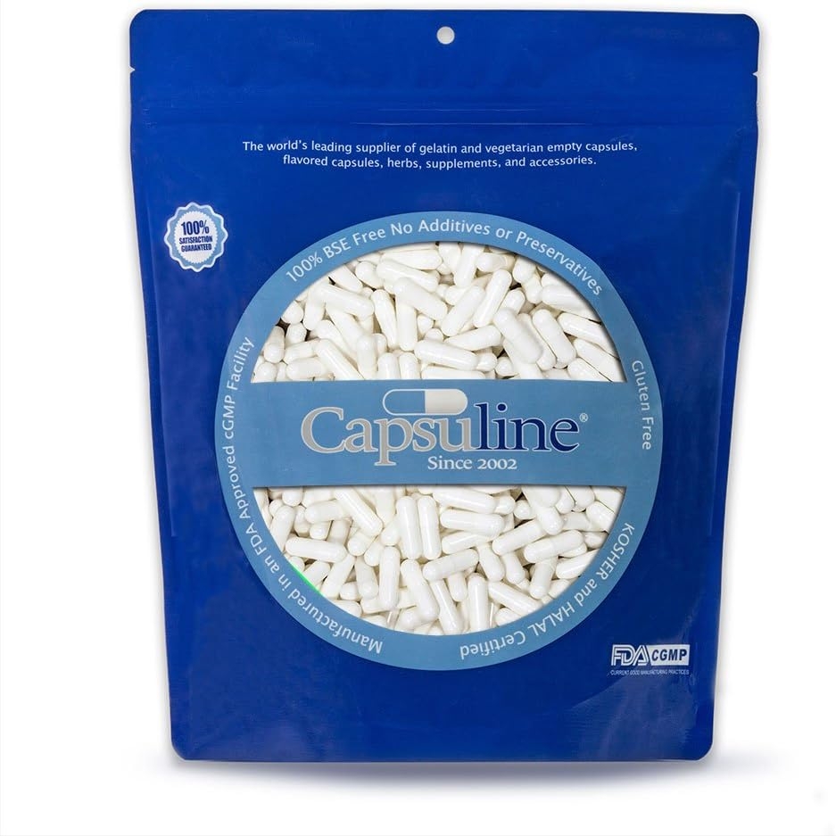 Colored Size 00 Empty Vegetarian Capsules by Capsuline - White/White 1000 Count |Kosher & Halal Certified |Non-GMO Certified