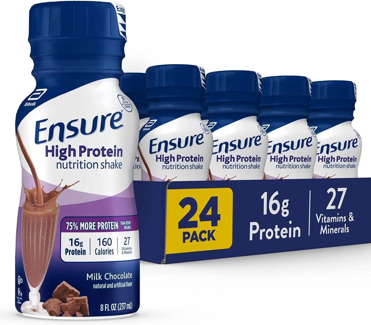 Ensure High Protein Nutritional Shake with 16g of Protein, Ready-to-Drink Meal Replacement Shakes, Low Fat, Milk Chocolate, 8 fl oz, 24 Count