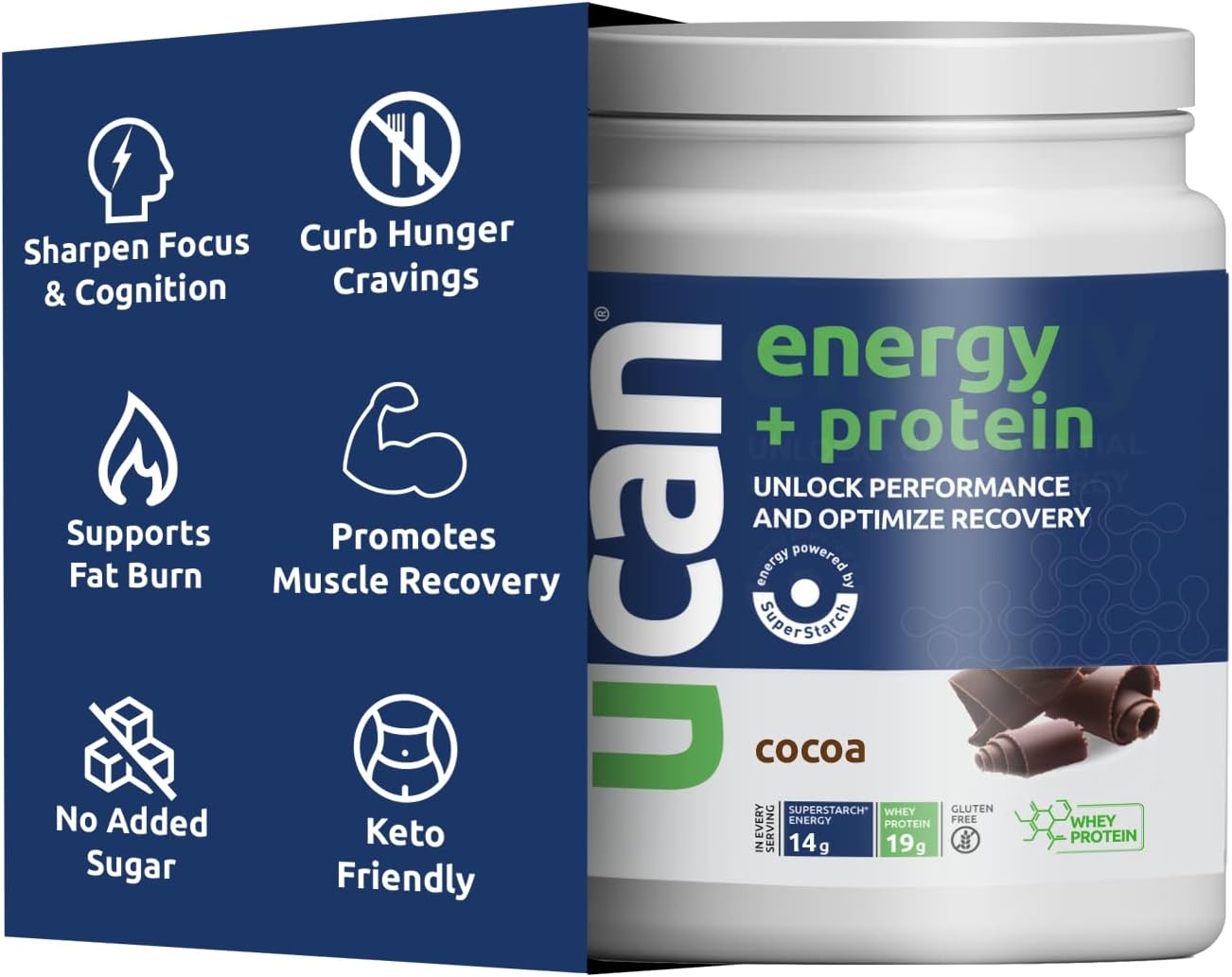 UCAN Energy + Whey Protein Powder (19g) - Pre & Post Protein Powder with Energy Boost - Keto, No Added Sugar, Gluten-Free - Cookies & Cream - 20 Servings