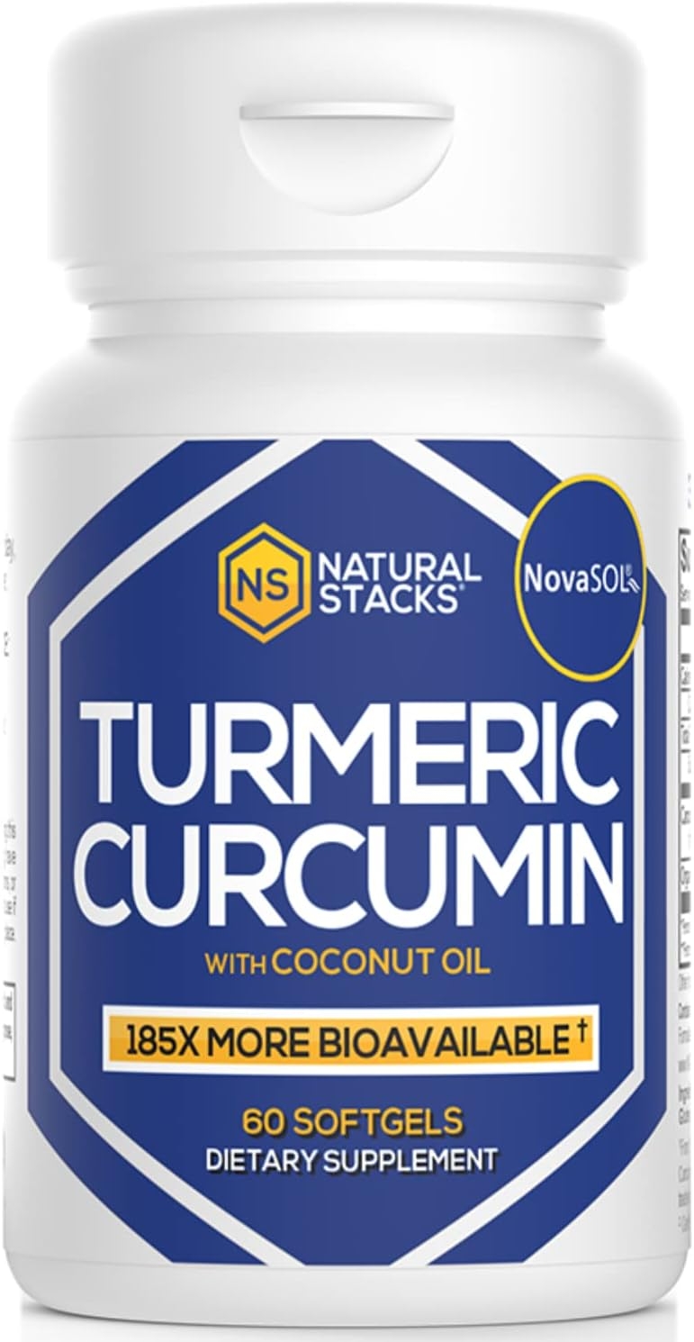 NATURAL STACKS Turmeric Curcumin 60 ct. - 185x More Bioavailable Liquid Soft Gel - Supports Joints, Heart and Brain Function, Immunity and Metabolism - 100mg Organic Coconut Oil for Rapid Absorption