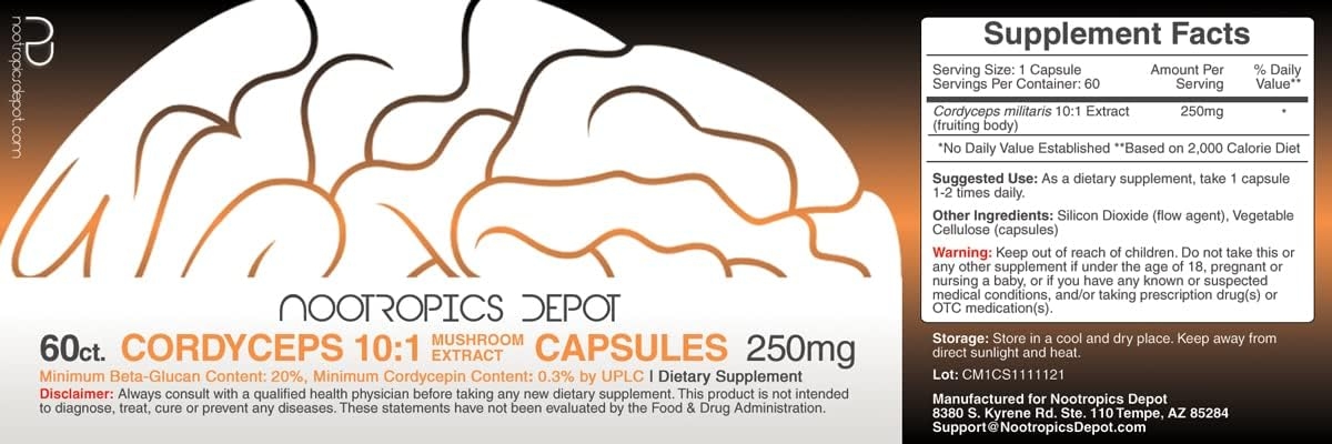 Cordyceps Mushroom Capsules | 10:1 Whole Fruiting Body Extract | 250mg | 60 Count | Cordyceps militaris