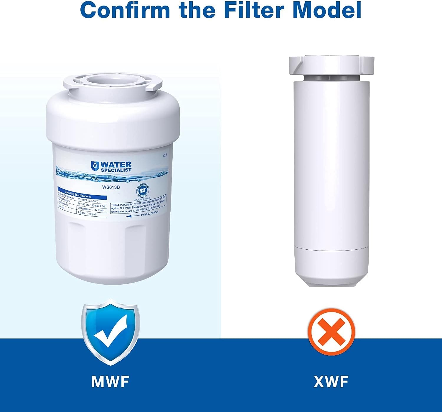 Waterspecialist NSF 53&42 Certified MWF Refrigerator Water Filter, Replacement for GE SmartWater MWFP , MWFA, GWF, HDX FMG-1, WFC1201, GSE25GSHECSS, PC75009, RWF1060, 197D6321P006 (Pack of 3)