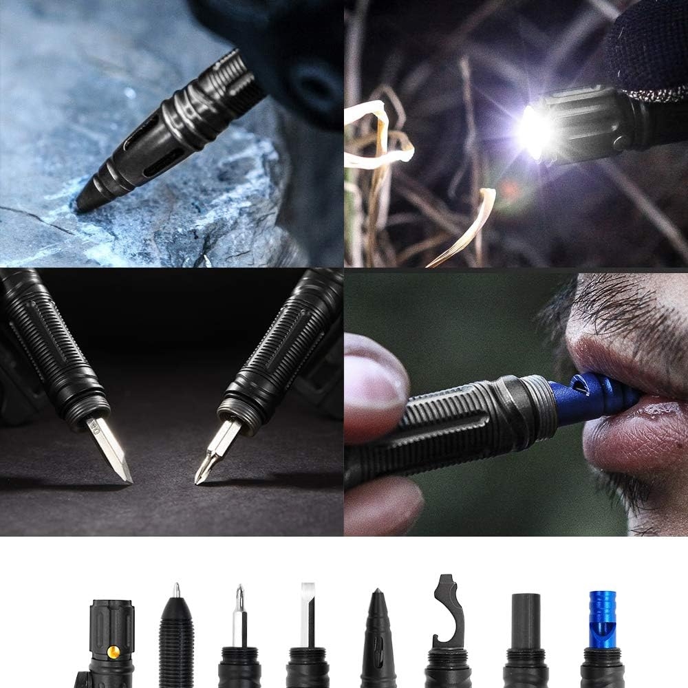 Moikin 10 in 1 Tactical Pen for Self Defense Survival Multitool, LED Flashlight, Ballpoint, Screw Driver, Bottle Opener, Glass Breaker with a Multi Tool Card EDC for Men