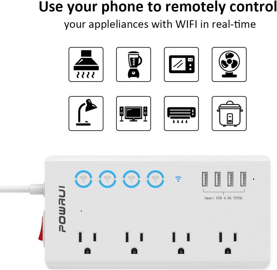 Smart Power Strip, POWRUI WiFi Surge Protector with 4 AC Outlets and 4 USB Ports (5V/4.8A,24W), Voice Control with Alexa & Google Home, 6ft Cord, one by one Button