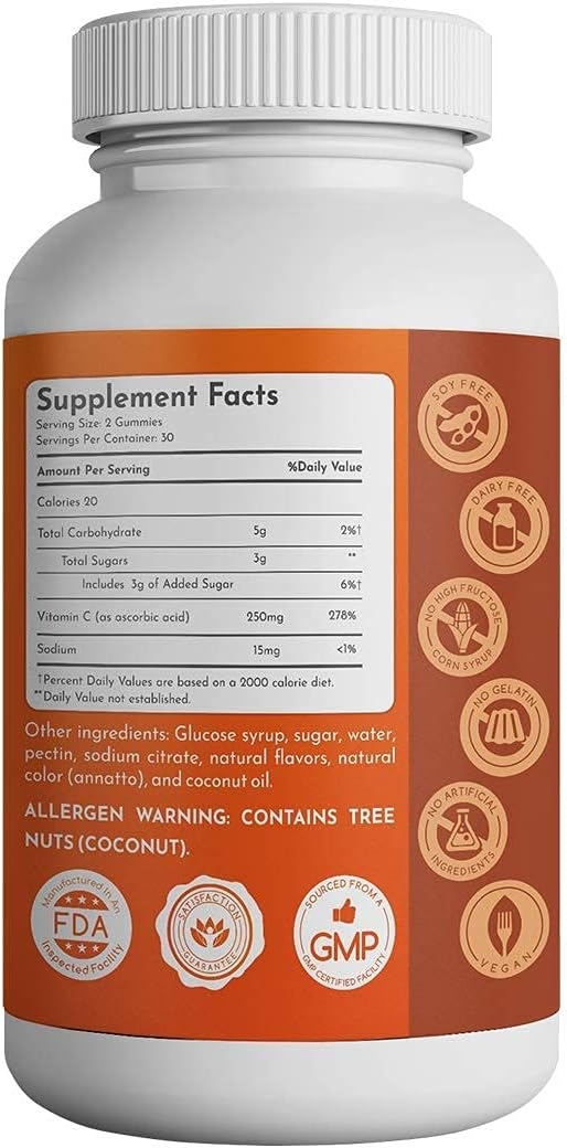 Funamins Vitamin C Gummies, 250mg per Serving, 60 Count, Vegan, Antioxident, Immune Support, Muscle, Joints; for Kids & Adults; Orange Flavor
