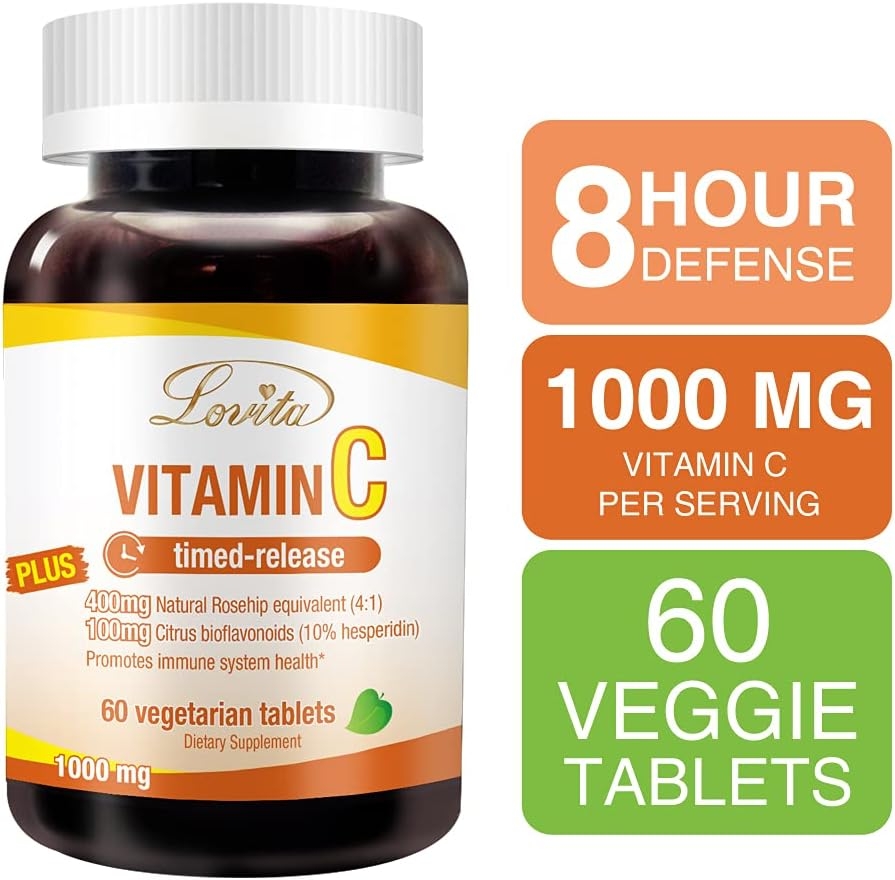 Lovita Vitamin C 1000mg with Rose Hips and Bioflavonoids, Time Release, Vegan Friendly, Healthy Immune Function, 60 Vegetarian Tablets (2 Month Supply)