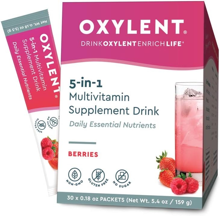 Oxylent 5-in-1 Multivitamin Powder Supplement Drink Mix - Sugar-Free & Effervescent for Easy Absorption of Vitamins, Minerals, Electrolytes, Antioxidants - Berries Flavor, 30 Count
