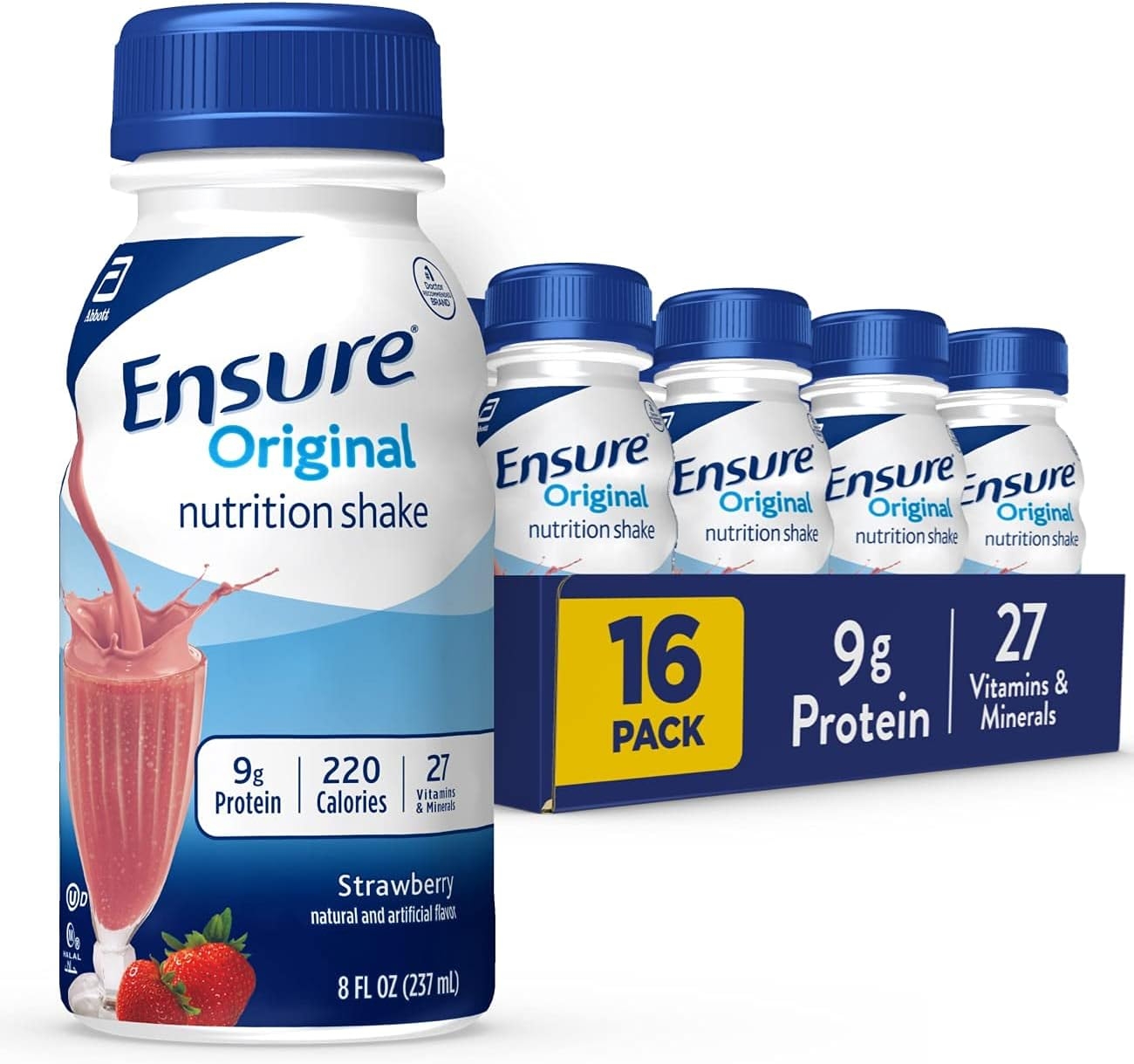 Ensure Original Nutrition Shake, Small Meal Replacement Shake, Complete, Balanced Nutrition with Nutrients to Support Immune System Health, Strawberry, 8 Fl Oz (Pack of 16)