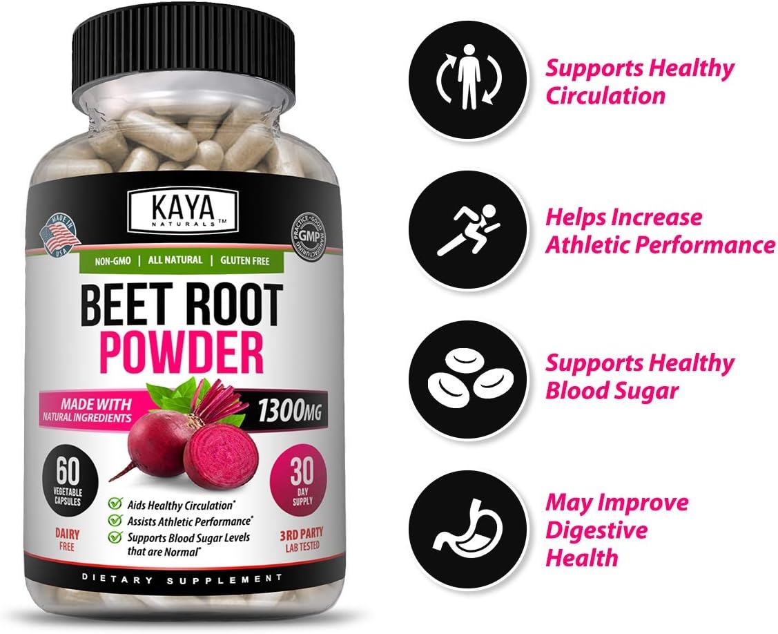 Kaya Naturals Organic Beet Root Powder 1300mg Per Serving 60 Veggie Capsules Supports Athletic Performance Aids in Healthy Circulation