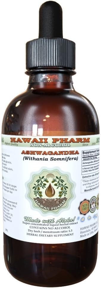 Ashwagandha Alcohol-Free Liquid Extract, Organic Ashwagandha (Withania Somnifera) Dried Root Glycerite Hawaii Pharm Natural Herbal Supplement 2 oz