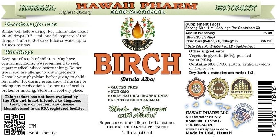 Birch Alcohol-Free Liquid Extract, Birch (Betula Alba) Dried Bark Glycerite Hawaii Pharm Natural Herbal Supplement 2x2 oz
