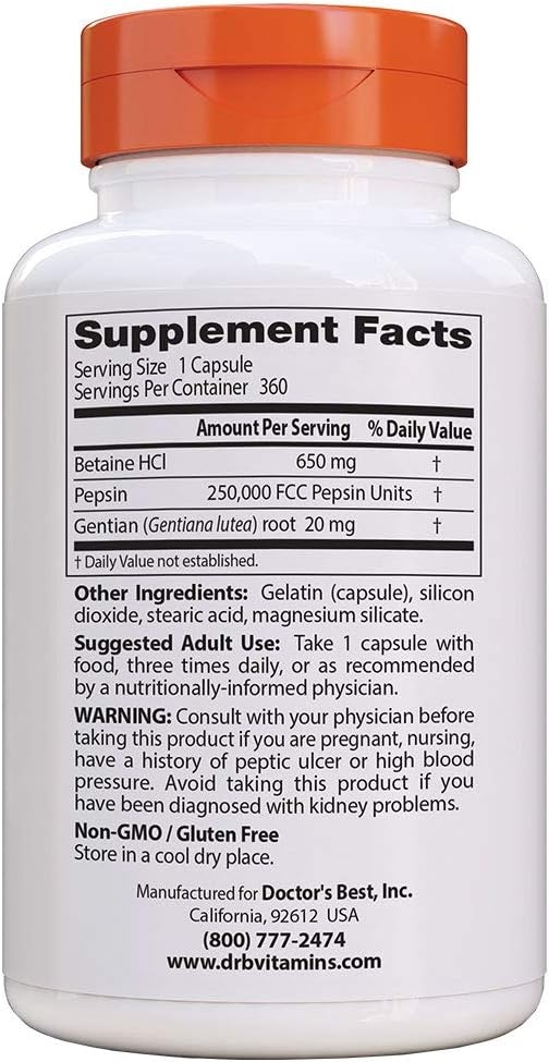 Doctor's Best Betaine HCI Pepsin & Gentian Bitters, Digestive Enzymes for Protein Breakdown & Absorption, Non-GMO, Gluten Free, 360 Count (Pack of 1)
