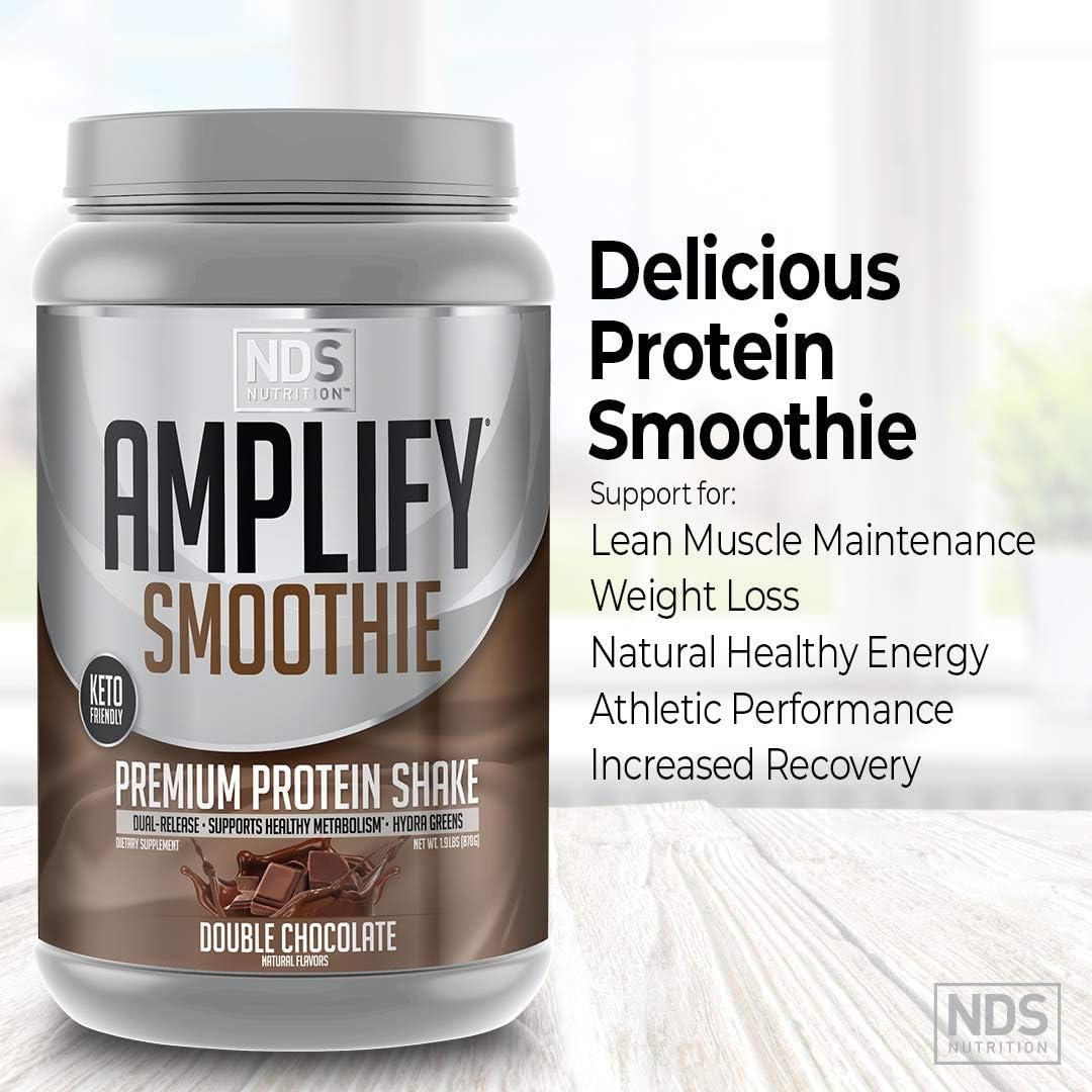 NDS Nutrition Amplify Smoothie Premium Whey Protein Powder Shake with Added Greens and Amino Acids - Build Lean Muscle, Gain Strength, Lasting Energy, and Lose Fat - Double Chocolate (30 Servings)