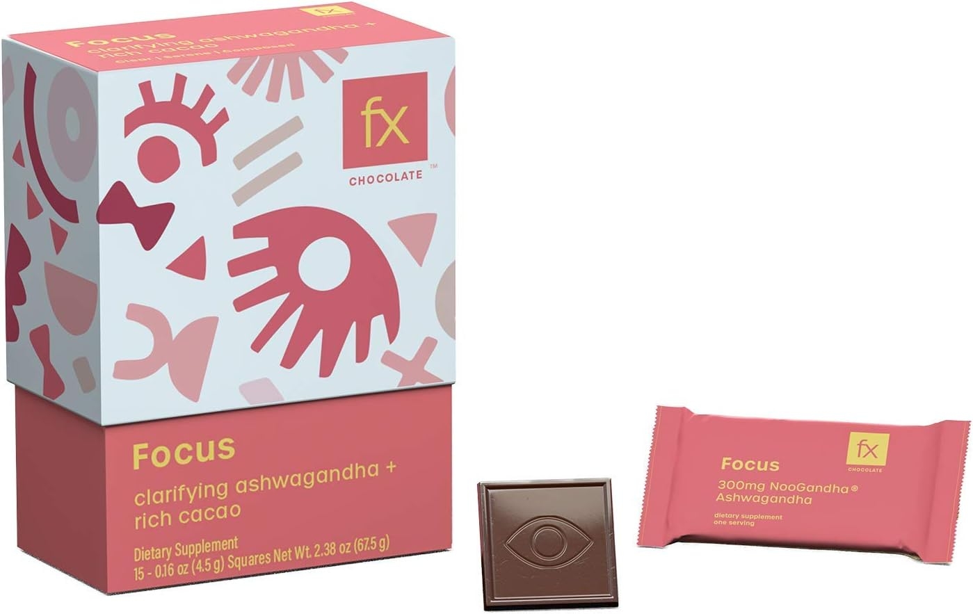 Fx Chocolate Focus - Adaptogen Chocolate Supplement to Support Concentration, Clarity + Calm with Cacao + Ashwagandha - Keto Dark Chocolate - Sugar-Free, Gluten-Free, Vegan + Non-GMO (Box of 15)
