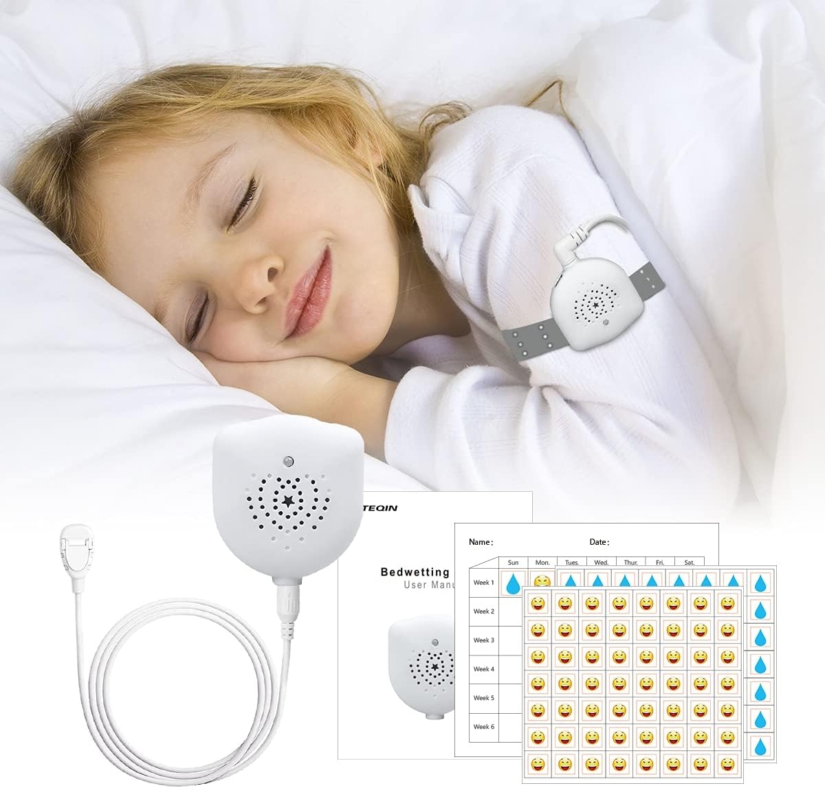 Bedwetting Alarm for Boys and Girls, USB Rechargeable, Pee Alarm with Music Optional and Volume Control, Potty Alarm with Sounds and Vibration, Bed-wetting Sensor for Kids Adults