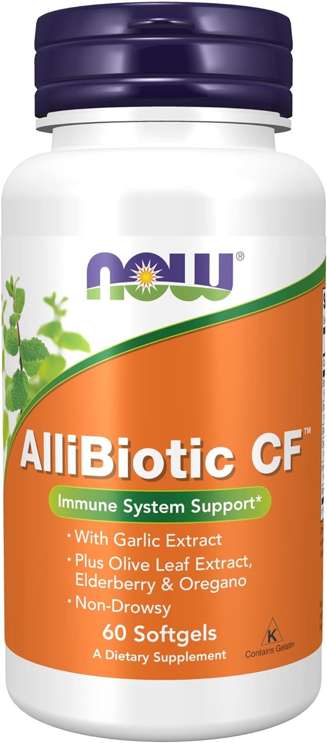 NOW Supplements, AlliBiotic CF™, with Garlic Extract, Olive Leaf Extract, Elderberry & Oregano, Non-Drowsy Formula, 60 Softgels