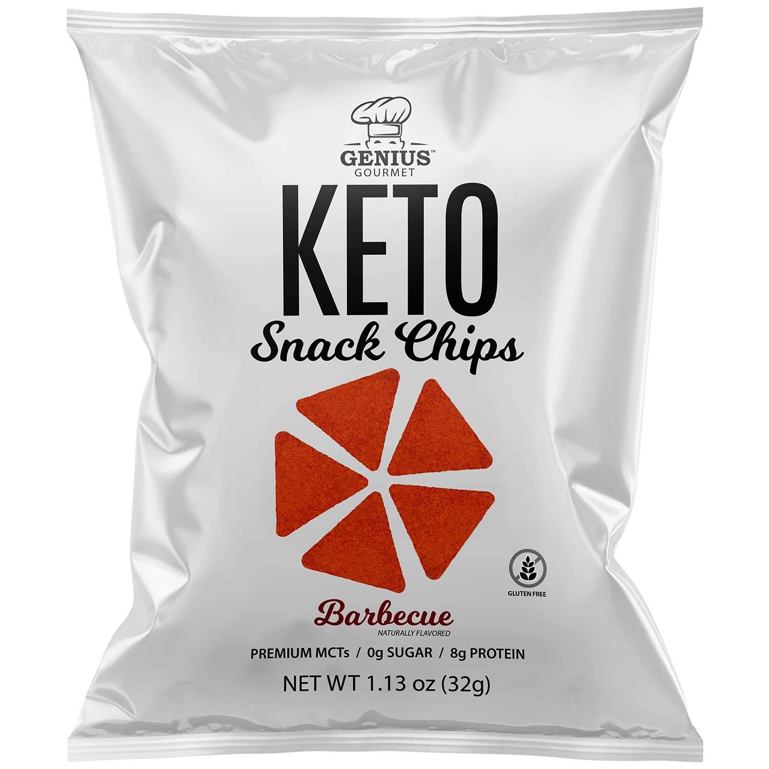 Genius Gourmet Protein Keto Chips, Low Carb, Premium MCTs, Gluten Free, Keto Snack (Barbecue), Pack of 8, 1.13 oz. (32 g) Each
