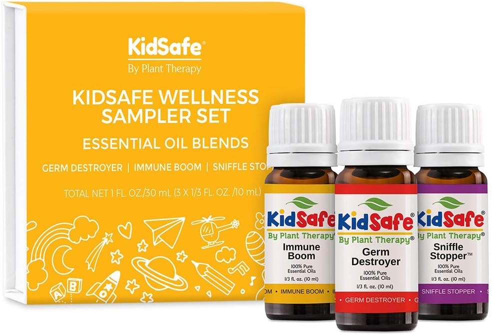 Plant Therapy Essential Oils KidSafe Wellness Sampler Boxed Set Includes Germ Destroyer, Immune Boom, Sniffle Stopper 100% Pure, Undiluted, Natural Aromatherapy 10 mL (1/3 oz)