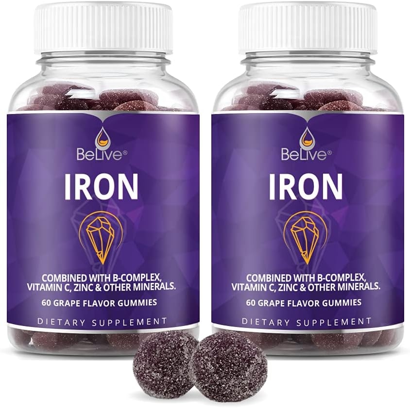 Iron Gummies Supplement with Vitamin C, A, Vitamins B Complex, Folate, Multivitamins for Women, Kids & Adults - Supports Energy, No After Taste, Vegan Supplements - Grape Flavor (60 Ct)